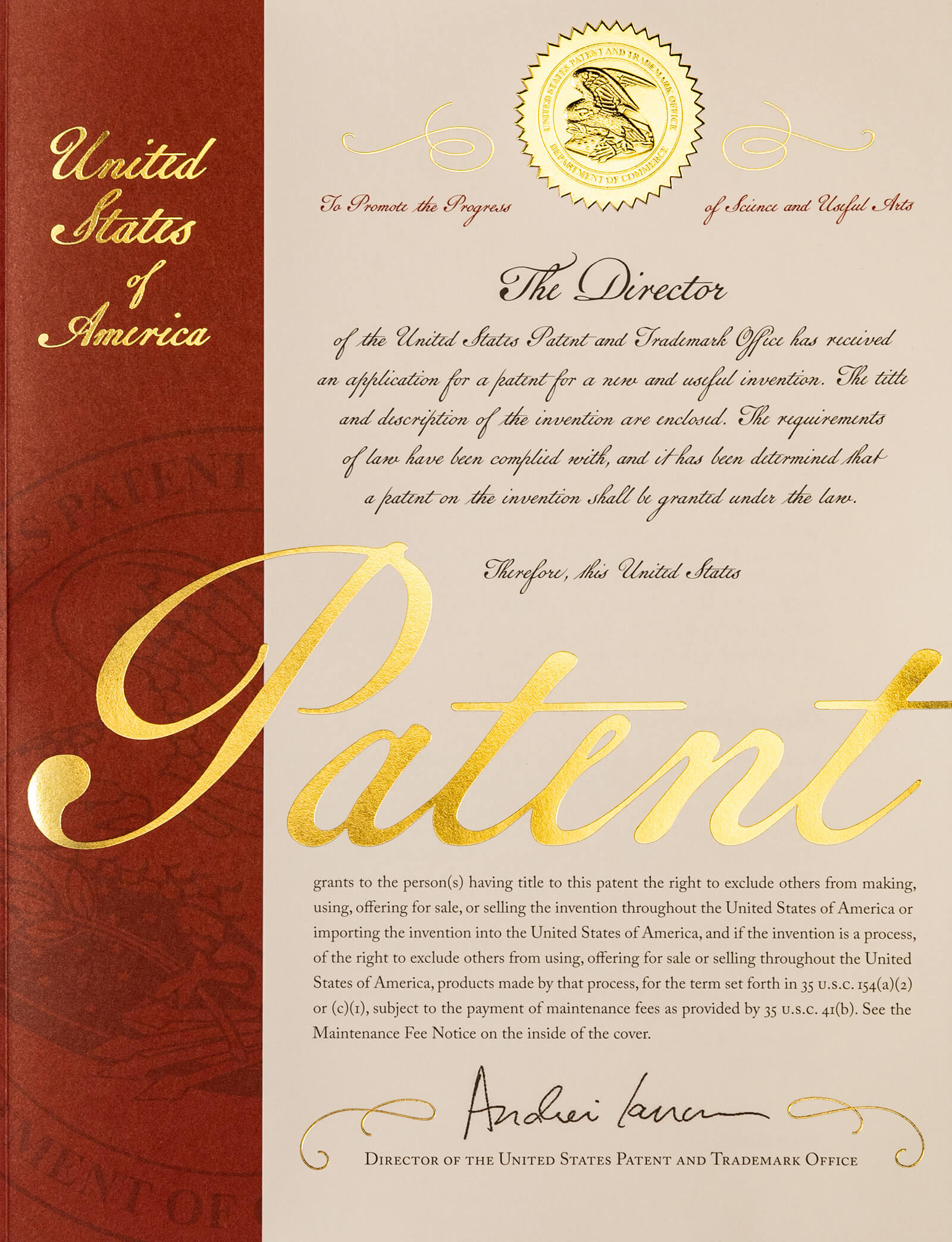 The new U.S. patent cover featuring a gold USPTO seal at top, a red strip along the right side, and a large gold embossed ‘Patent’ as the focal point. The design uses script typeface throughout and also features statutory language and the signature of the current USPTO director, Andrei Iancu. 