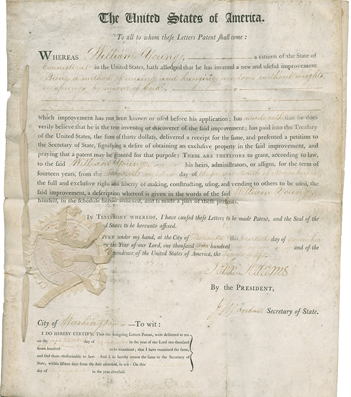 The patent cover becomes a typeset form filled in by a calligrapher but still signed by the president. This example is bound with a ribbon, a practice that continues to the present.